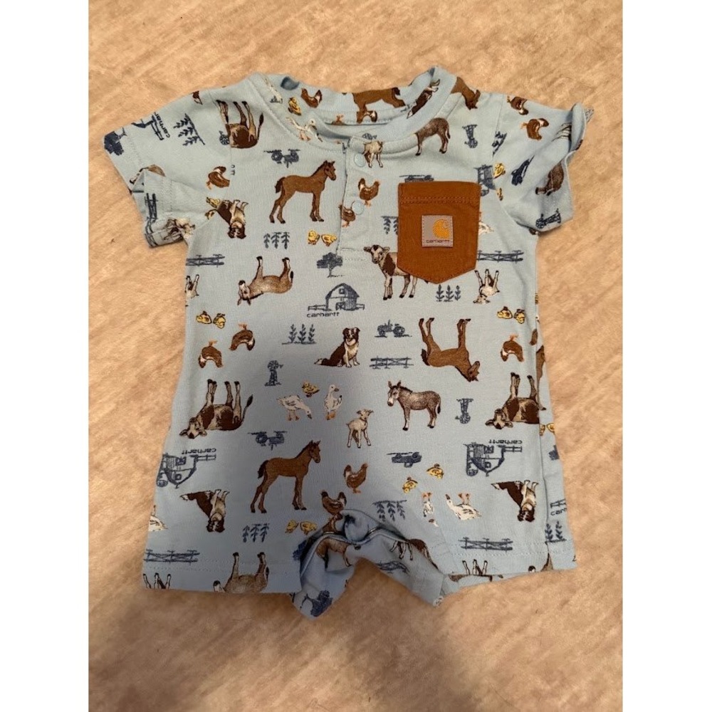 Carhartt Baby Boys Blue Farm Animal Print Romper 3M Short Sleeve Pocket